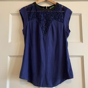 LIKE NEW Rebecca Taylor Silk Lace Inset Blouse with Faux Leather Trim Purple